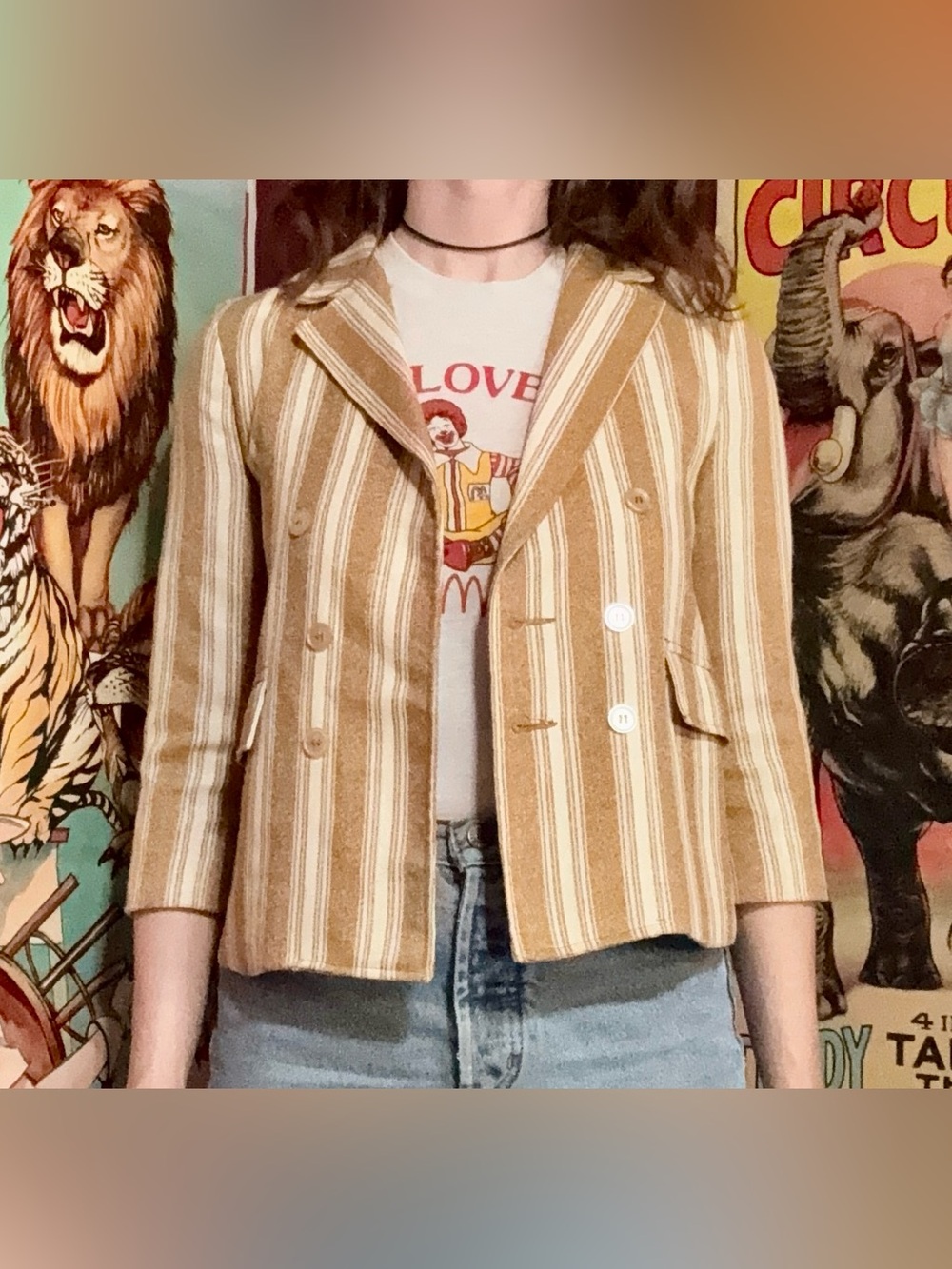 Cute Striped Tan & Cream Double-Breasted Blazer Jacket XS